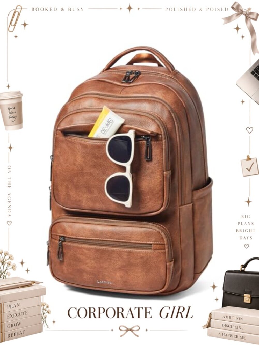 Laptop Backpack Purse Faux Leather Shoulder Bookbag Tote 15.6 Inch Travel Work
